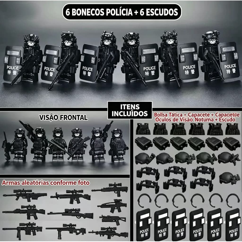 Fato Swat Militar, inclui 48 bonecos modelo, 96 armas, 24 escudos e um veículo. Blocos de construção compatíveis, adequa
