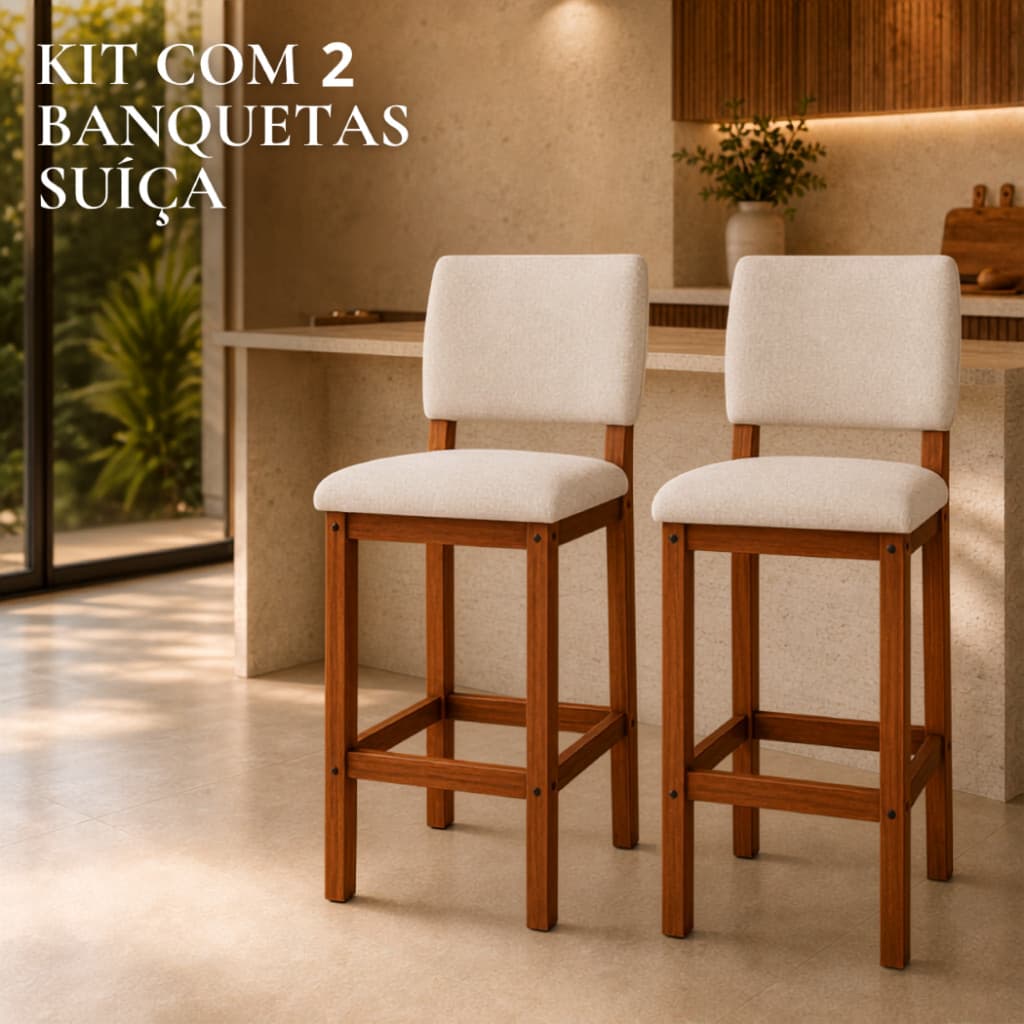 Kit 2 Banquetas Suíça de Madeira Maciça com Encosto Estofado Linho - Com Apoio Para Pés