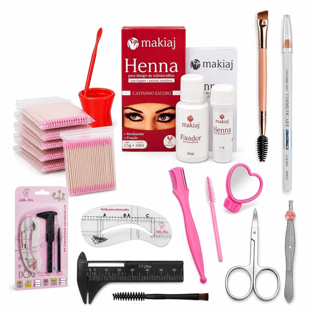 Kit Henna Makiaj para Sobrancelhas Profissional Completo com Paquímetro, Pinça e Acessórios