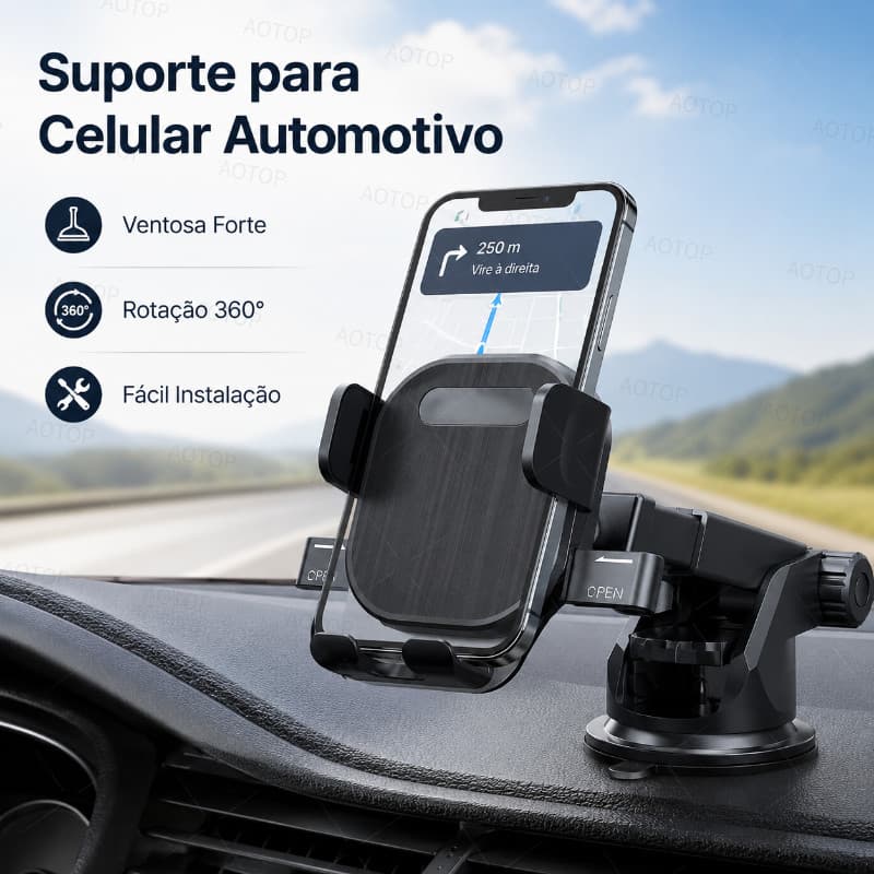 Suporte Veicular para Celular com Ventosa Forte Automática 360° Ajustável Universal para Painel e Para-brisa GPS Carro