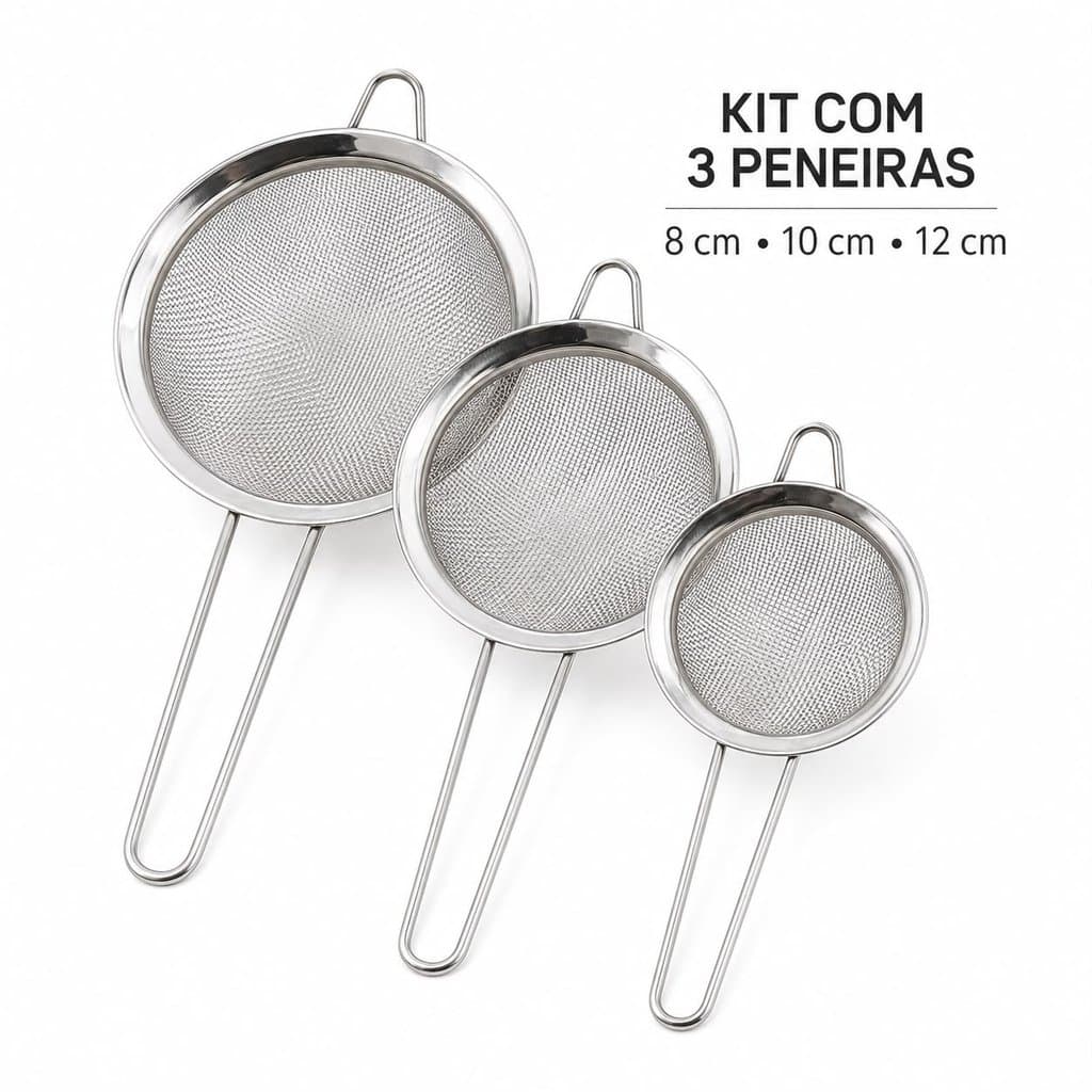 Kit Peneira Inox 3 Peças 8cm 10cm 12cm Cozinha Confeitaria