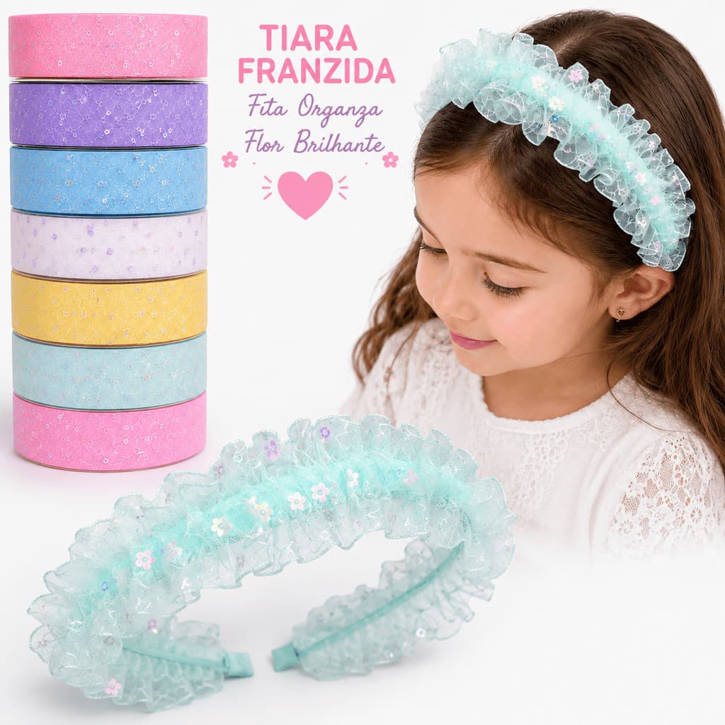 Fita Organza Flor Brilhante Yama Lantejoulas 38mm Para Tiara Franzida Laços Scrunchies Artesanato e Customização