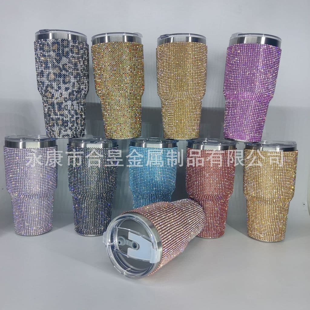 Copo de gelo de aço inoxidável de 20oz (com detalhes em diamante) para uso em carro, copo isolado de 30oz para água quen