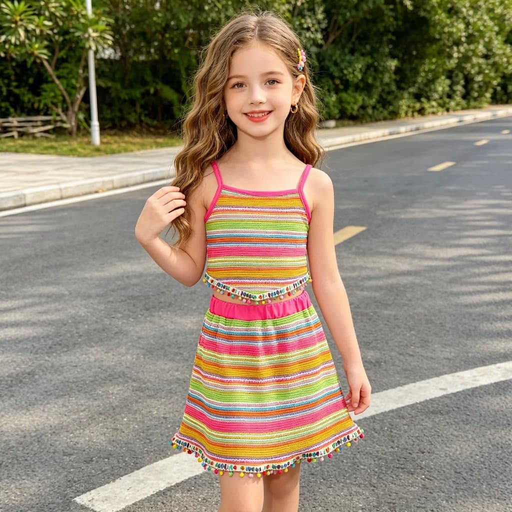 Conjunto de duas peças com listras arco-íris de verão para meninas de 3 a 10 anos
