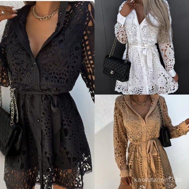 Vestido Camisa Feminino S-3XL com Renda, Manga Longa, Corte A, Curto, Solto, Casual, Elegante, Moda Primavera Verão Outo