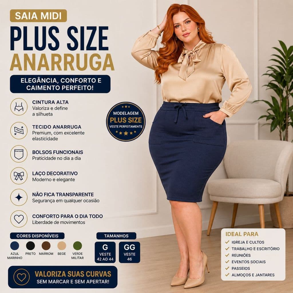 Saia Midi Feminina Plus Size Lápis Cintura Alta Com Bolsos Evangélica Social Secretária
