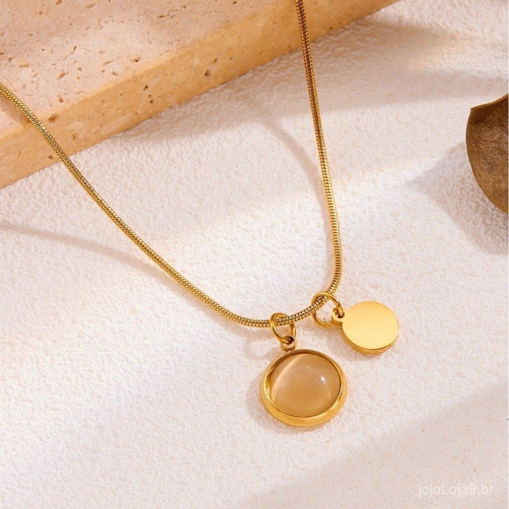Colar de disco olho de gato em aço titânio 18K para mulheres, luxo leve, sofisticado, nicho, estilo frio, elegante