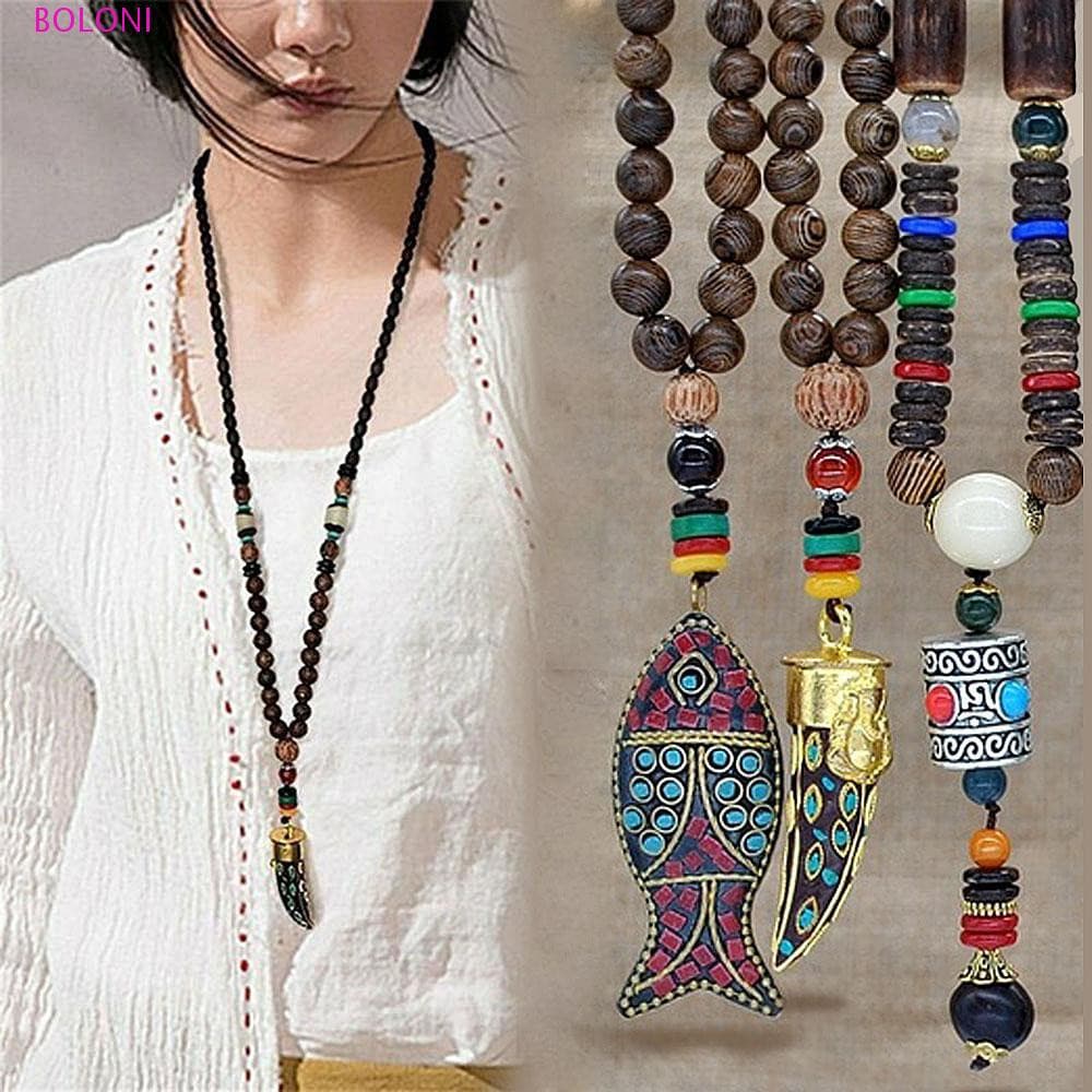 Colar de peixe-corno de estilo étnico, joia nepalesa Mala, pingente 7CLA SJWW