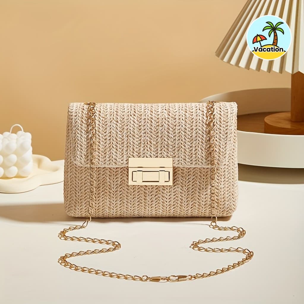 [Bolsa Crossbody Elegante] Para Mulheres | Com Aba De Palha De Praia De Verão Alça De Corrente De Ombro Roupas De Dia A