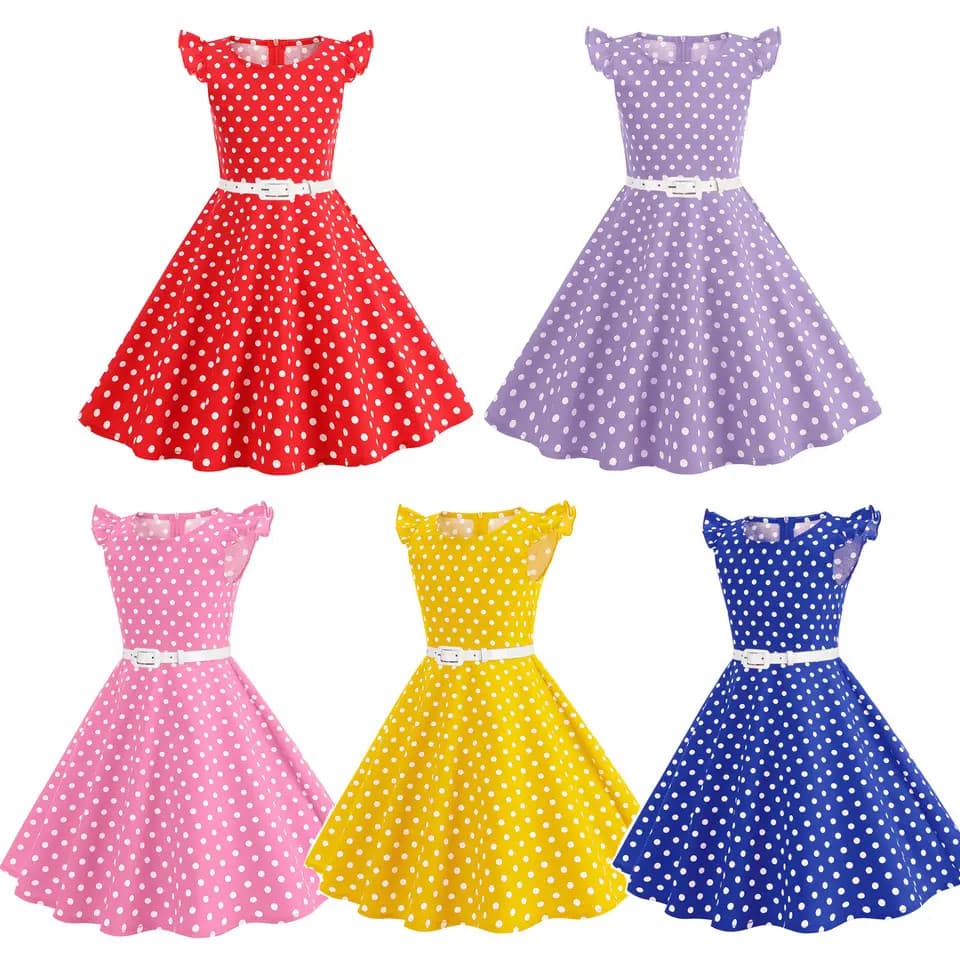 Crianças Meninas Vestido Vintage Com Cinto Bolinhas Mangas Voadoras Diário Aniversário Chá Festa 1950s 40s De Balanço Ve
