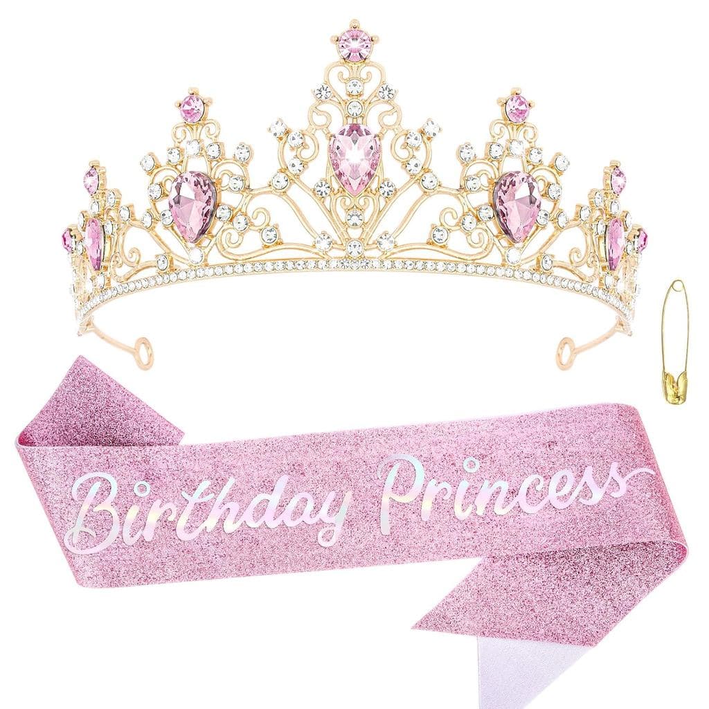Coroa E Faixa De Princesa De Aniversário Rosa Para Mulheres Tiara De Menina | Favor De Festa Com Decorações