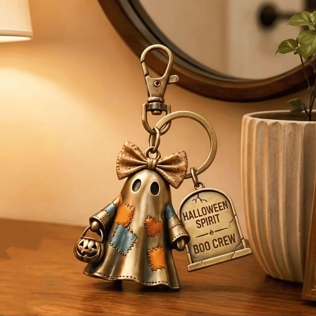 Chaveiro Fantasma De Metal Vintage , Design De Chave De Esqueleto Com Mini Bolsa De Abóbora , Joias Fofas De Halloween