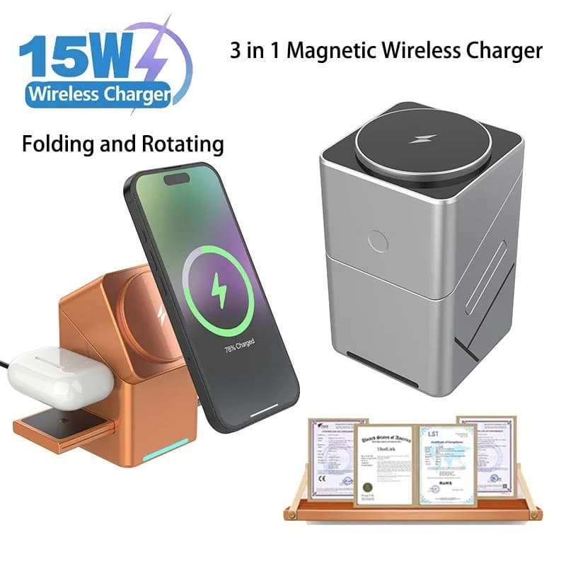 2026 Desktop Portable Phone Wireless Fast Charging Stand Magnetic Foldable 3 in 1 Cube Wireless Charger Dock