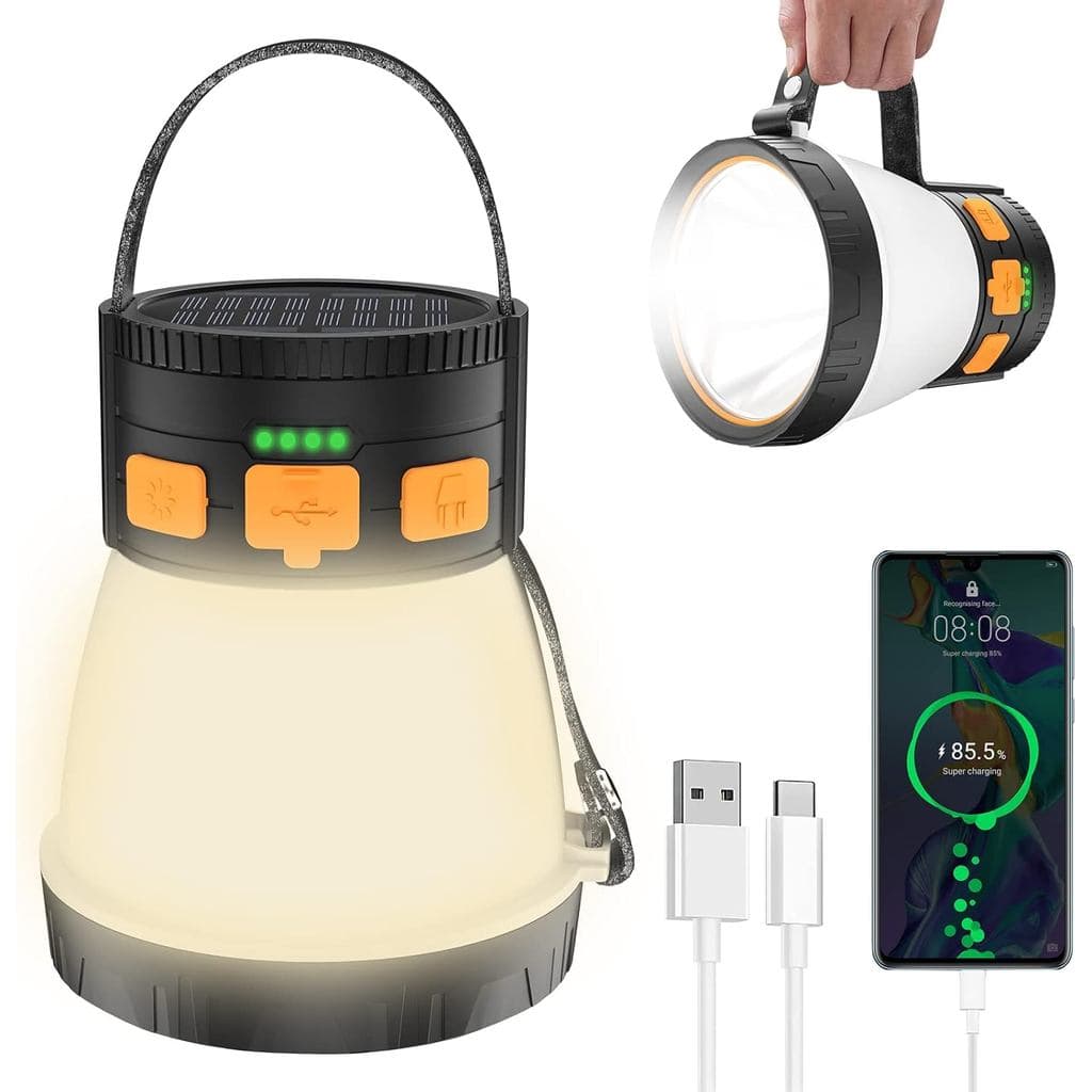 Lanterna de camping LED, 1500 lúmens, lanterna de camping recarregável com função de carregamento por painel solar, à pr