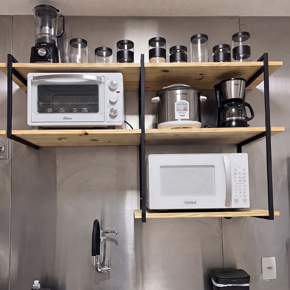 Prateleira Suspensa 120cm Suporte Microondas Forno Air Fryer Nicho Industrial  Metalon Madeira Pinus
