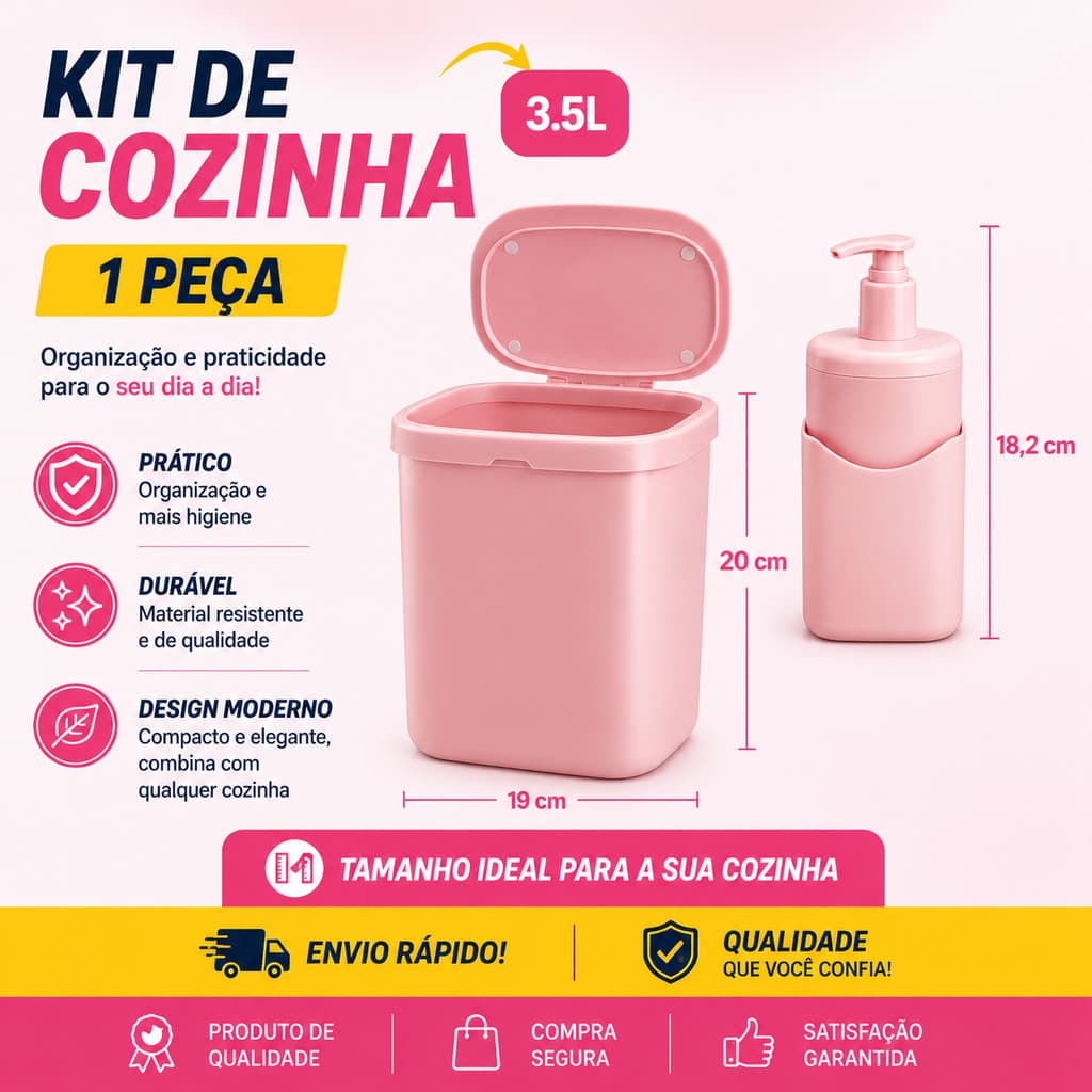 Kit Limpeza Dispenser de Detergente e porta buchinha Lixeira Para Pia de Cozinha Moderno Banheiro e Cozinha