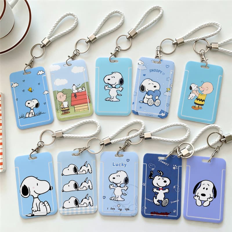 Snoopy Porta-Crachá Fofo com Cordão para Cartão Escolar Trabalho e Transporte, Estojo Azul Personalizado Leve e Prático.