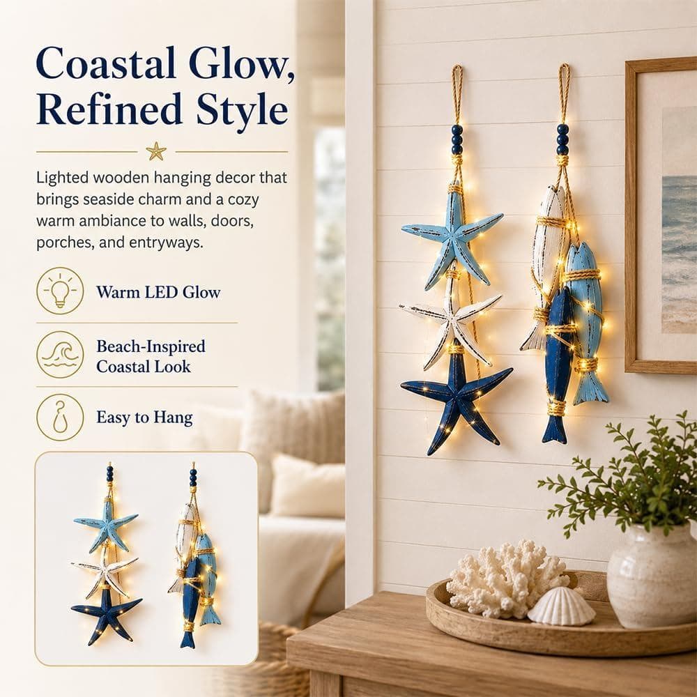 Decoração Suspensa de Madeira com Estrela-do-mar e Peixe Iluminada, Arte de Parede Náutica Mediterrânea, Ornamento de Ma