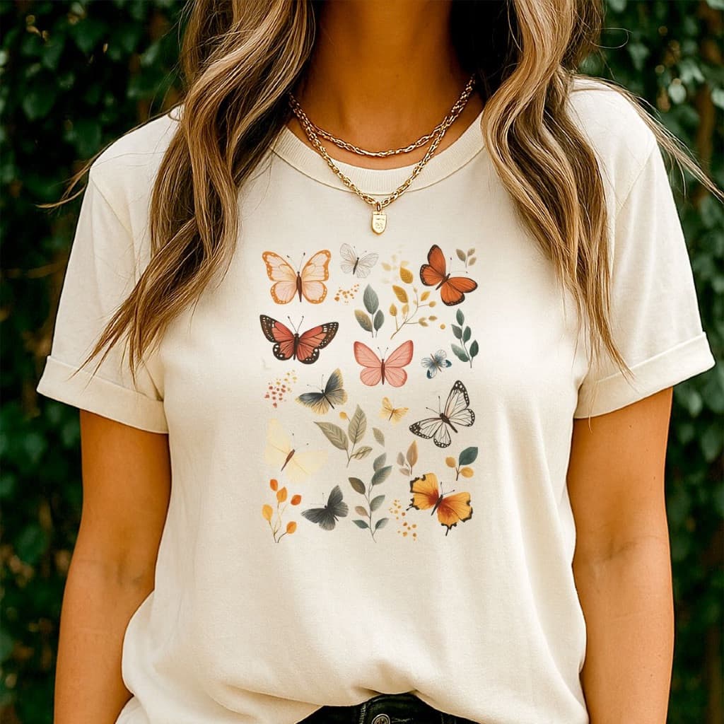 [Camiseta Premium em Algodão Puro]LA  Camiseta Feminina TShirt Feminina Estampa Borboletas Camiseta Floral Delicada 100