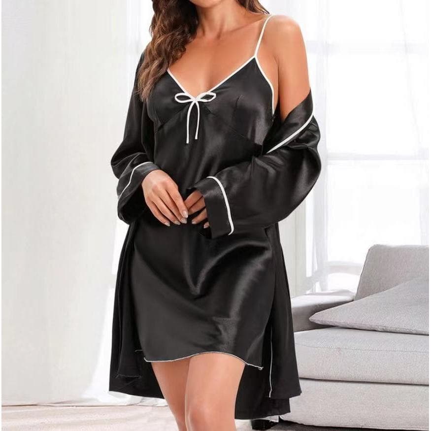 [Estoque pronto] Senhoras simples e elegantes forjado Robe estilingue terno pijama Loungewear terno