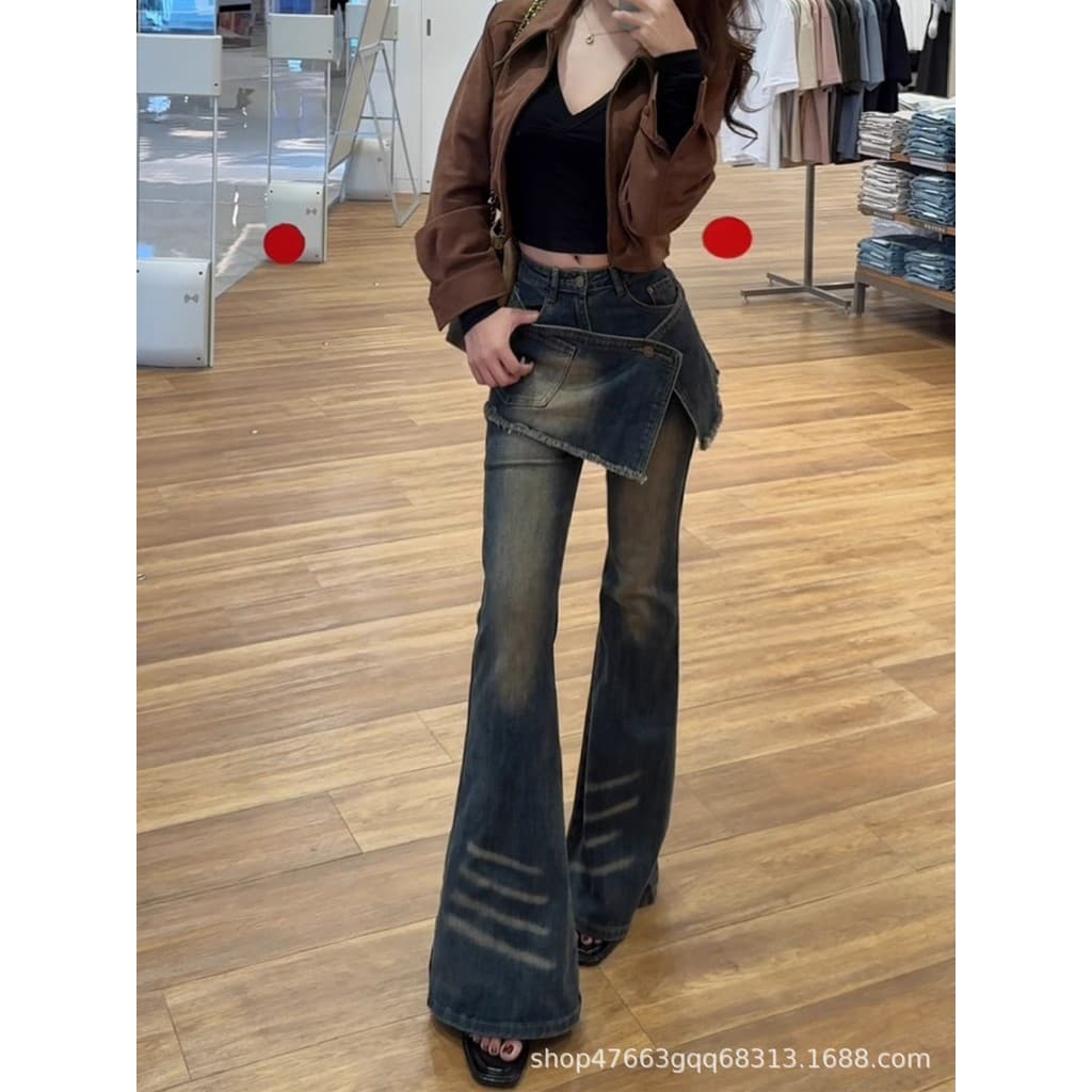[Novo produto] American Hot Girl Falso Two-Slight Jeans Mulheres Outono Cintura Alta Elástica Slimmer Look Calças Ferrad