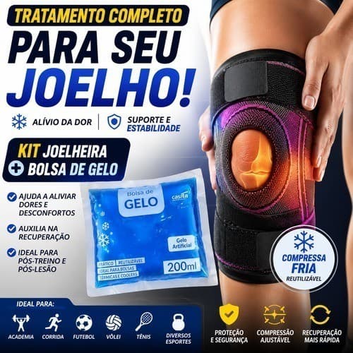 Kit Alívio da Dor | Recuperação Esportiva | Joelheira Ortopédica Ajustável + Bolsa de Gelo Reutilizável 200ml