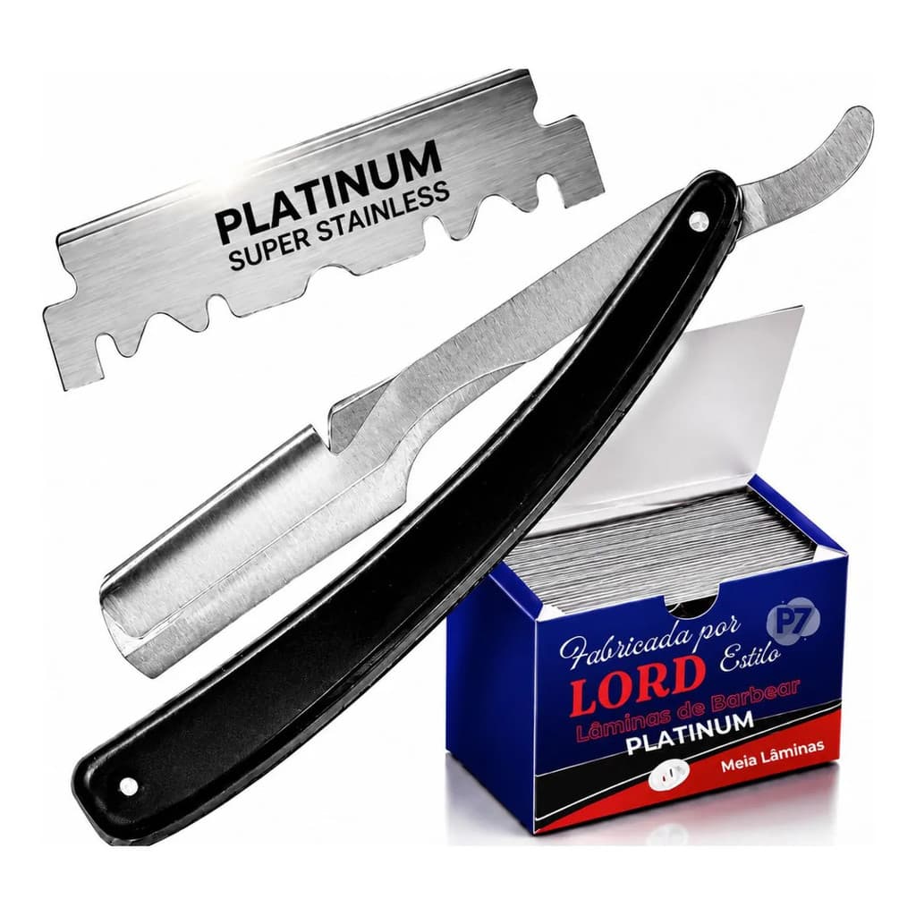 KIT 1 Navalha Navalhete Inox Barbear Profissional + 100 Lâminas Lord Egito Cortadas na Metade
