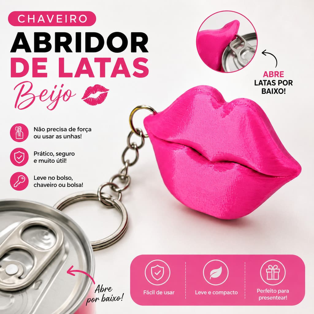 Chaveiro Abridor de latas em formato de boca, feito em 3D.