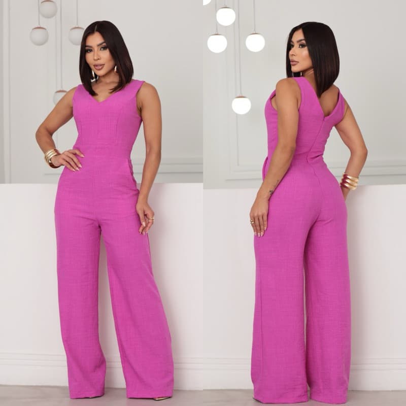 Macacão Longo Feminino Gola V Social em tecido  Linho Rústico Elegante e Confortável com Bolsos laterais moda feminina