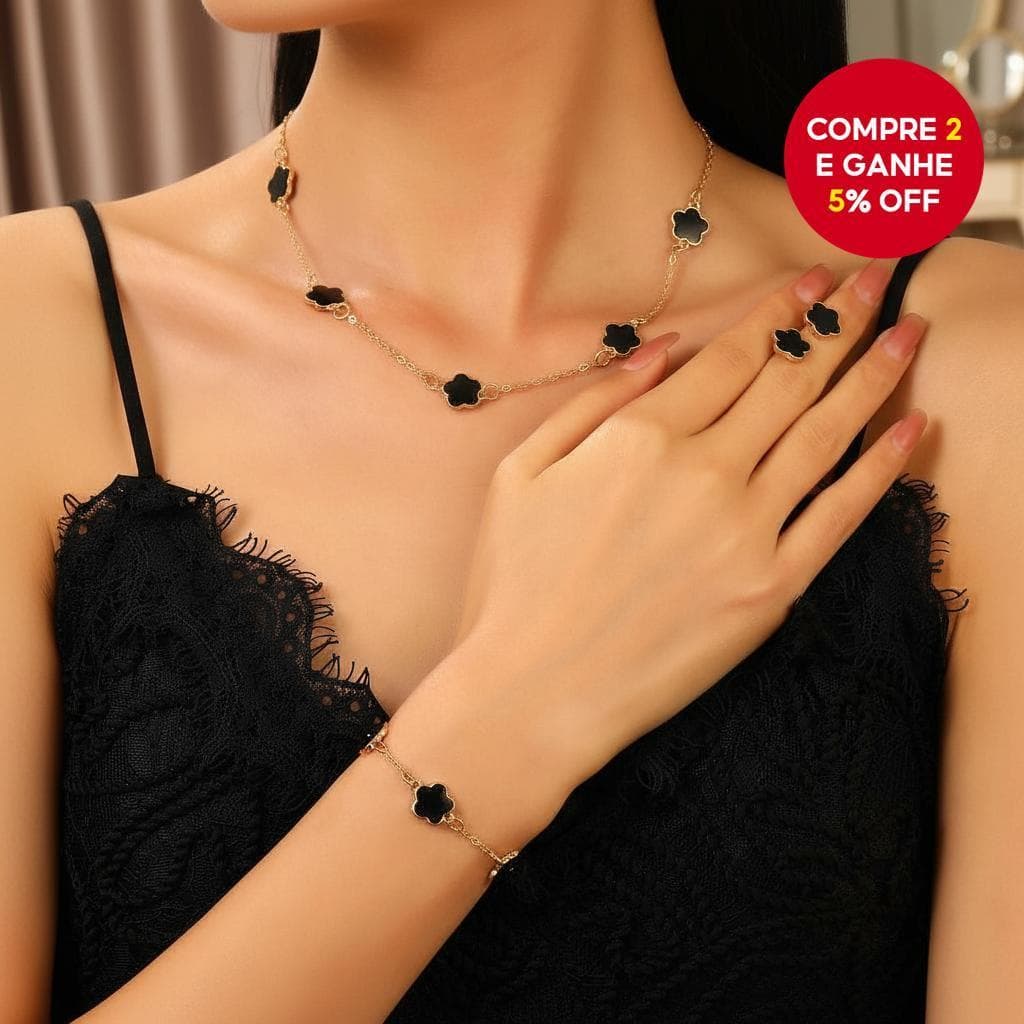 Conjunto de Joias de Trevo de Cinco Folhas Coreano com Colar, Pulseira e Brincos para Mulheres, Presente Sorte Novidade