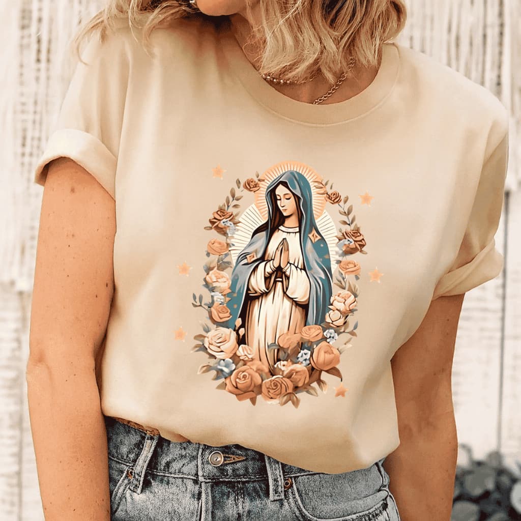 Camiseta Feminina Estampada Virgem Maria 100% Algodão Premium