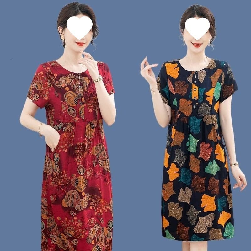 Vestido de seda de algodão de verão para mulheres idosas de meia-idade mãe acima do joelho curto @-