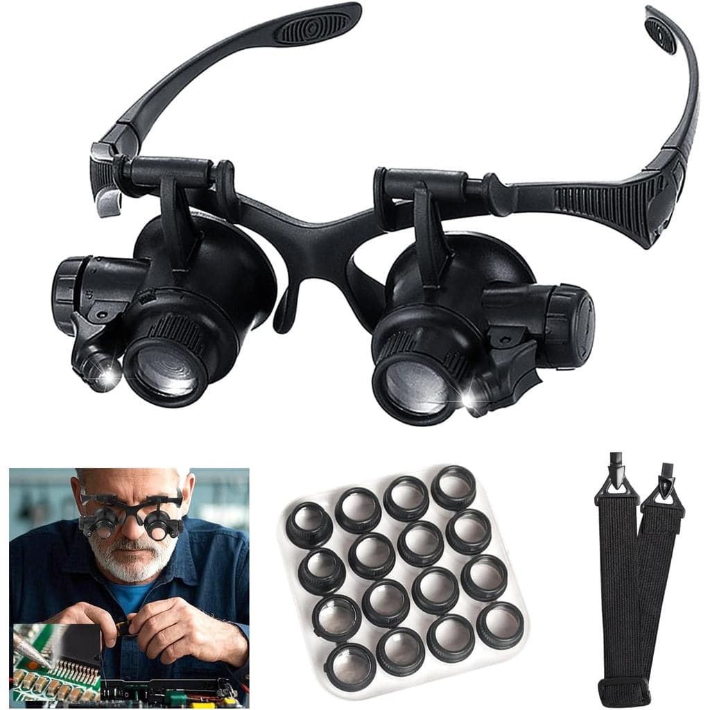 Lente de Aumento de Cabeça com Luz LED, Lupa de Joalheiro com 8 Lentes Intercambiáveis 2.5X/4X/6X/8X/10X/15X/20X/25X par