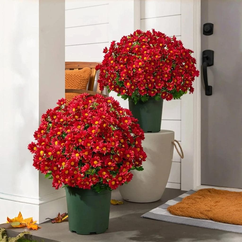 Sunset Fake Mums - Funsdecor Crisântemos Artificiais - 5 Buquês de Flores Artificiais Resistentes aos Raios UV - Flores