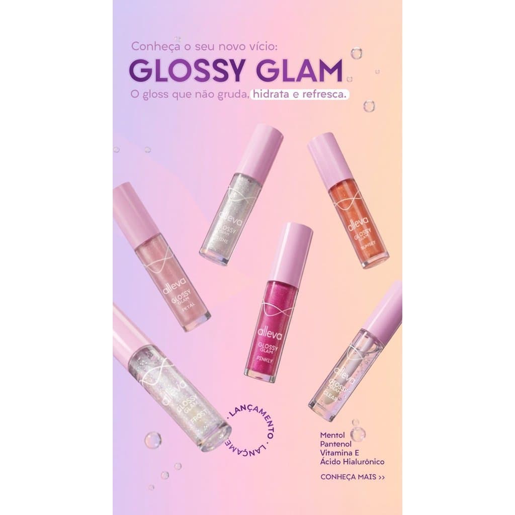 Gloss Labial Alleva Glossy Glam Hidratante Refrescante | Venda Unitária | Clear, Pinkly e Sunset