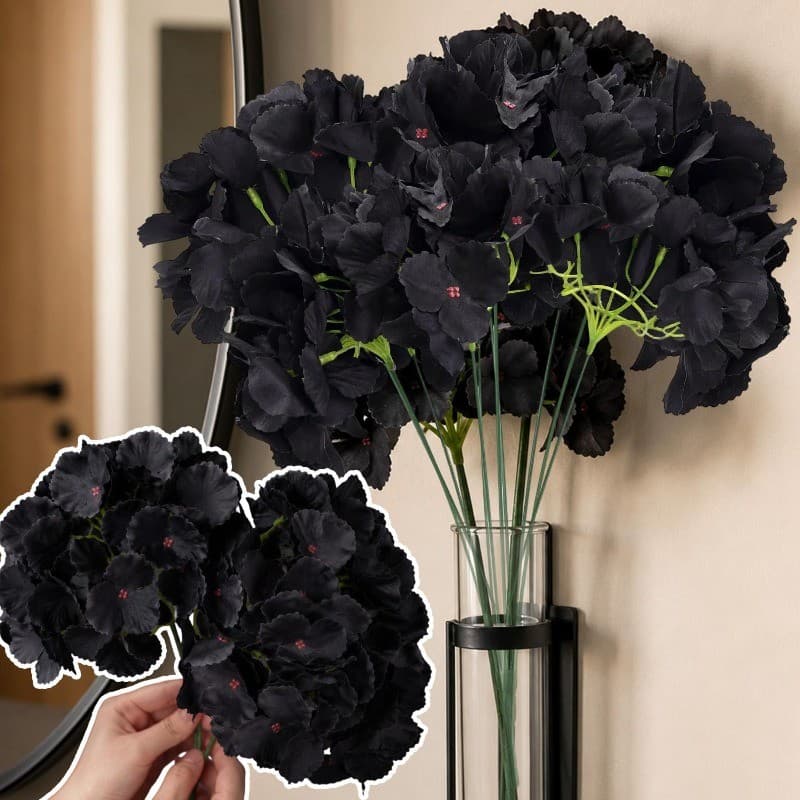[Decoração De Halloween] Buquê Preto Simulado-Tema Escuro-Flor De Hortênsia Artificial De 5 Cabeças-Arranjo De Vaso DIY-