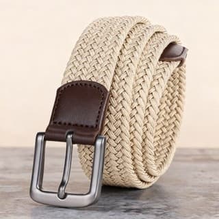 Cinto Social Masculino: Tecido Trançado Elástico com Ponteiras de Couro - Estilo Versátil e Confortável