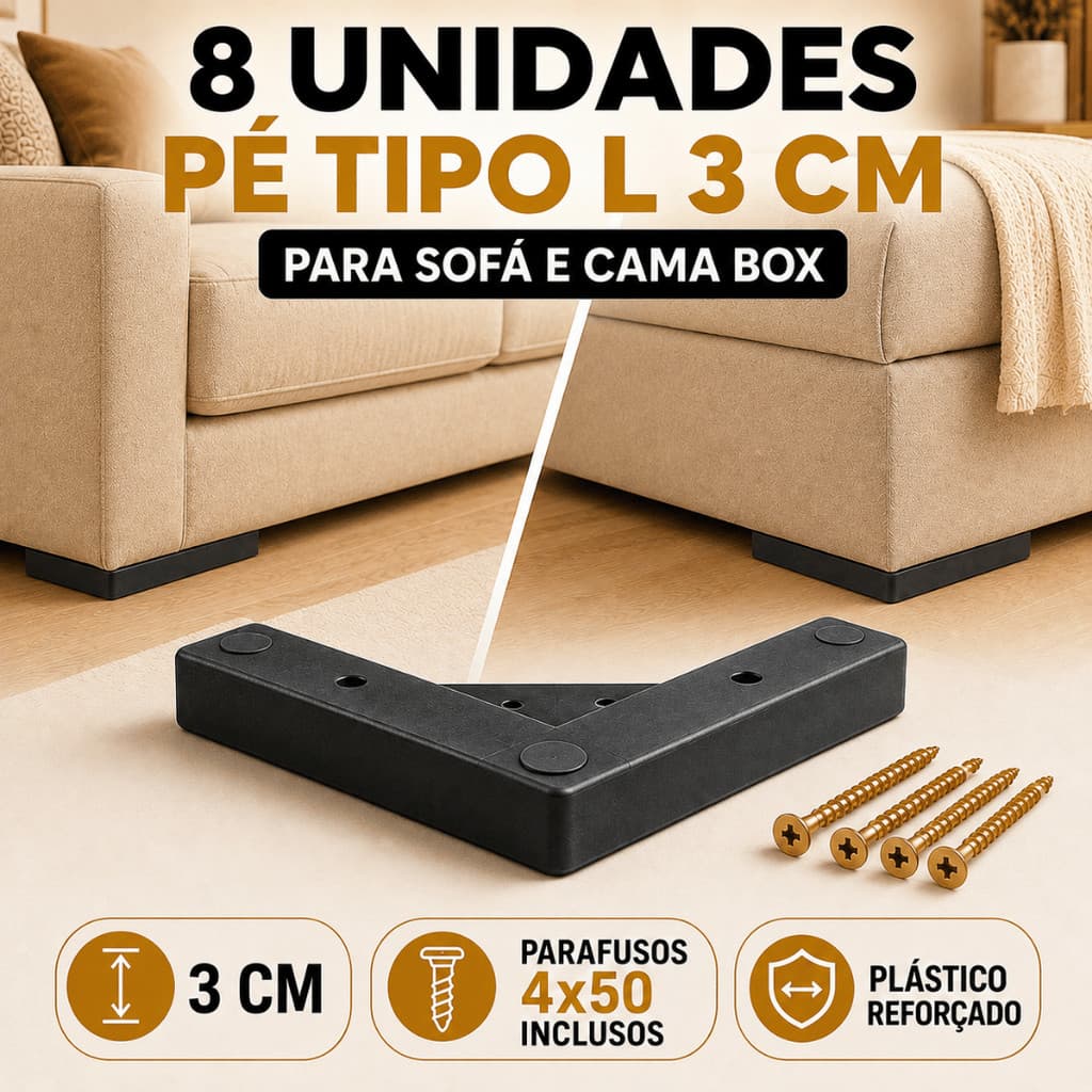 Kit 8 Pés Cantoneira Tipo L 3cm Sofá Cama Box Puff Rack Reforço Triangular com Parafuso