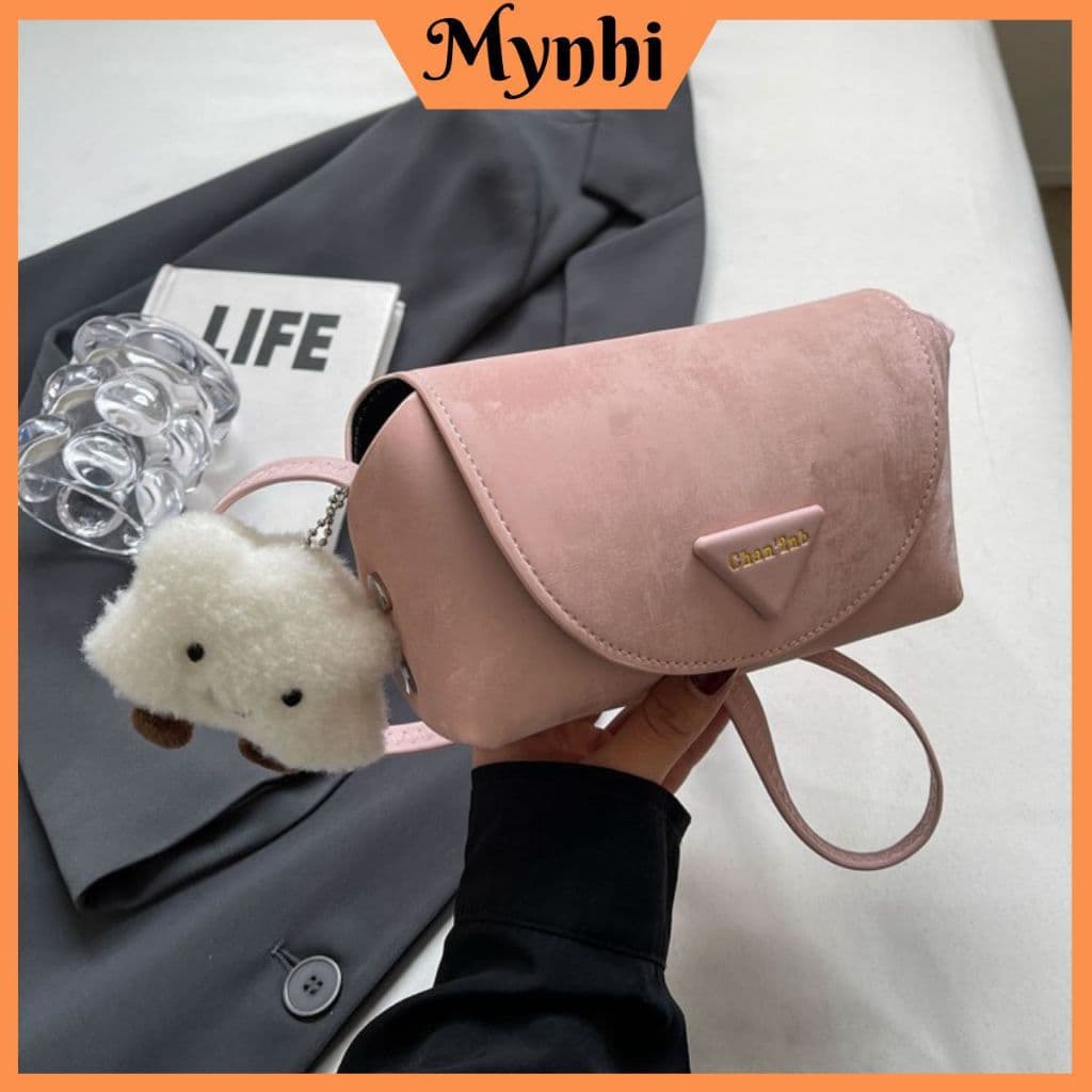 Bolsa transversal feminina de couro aveludado com fivela triangular para saídas e passeios SMN23