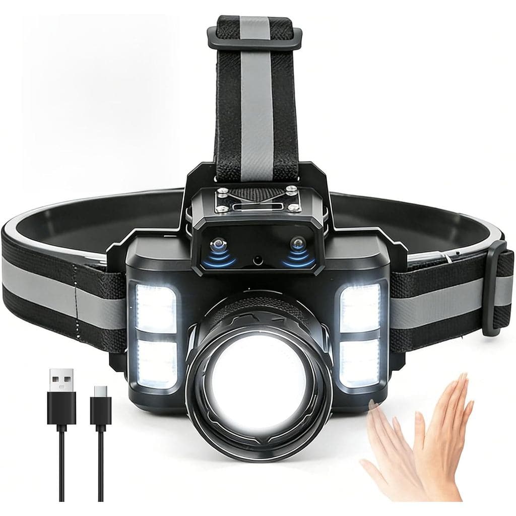 Lanterna de Cabeça T18, 2000LM Recarregável com Sensor de Movimento, Luz Branca, Amarela e Azul de Alto Lúmen, 90 °   La