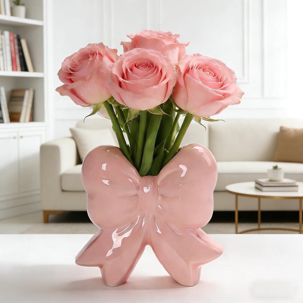 Vaso de Cerâmica Coquette com Laço Rosa, Vaso Rosa para Porta-Canetas Decorativo, Porta-Pincéis de Maquiagem, Vaso de Me