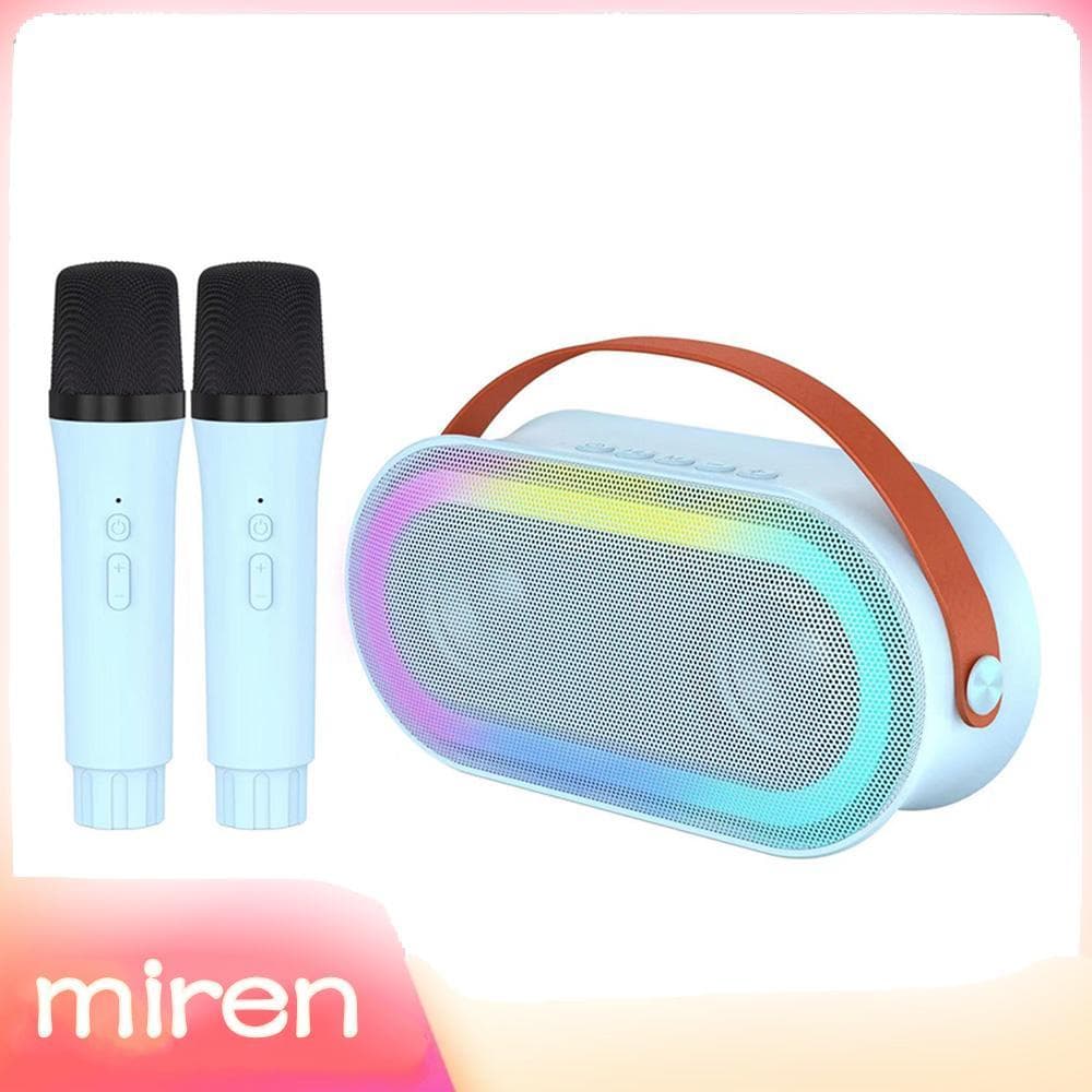Miren.br Mini máquina de karaokê 2 microfones sem fio alto-falante portátil Bluetooth com som HiFi de 10 W LED luzes