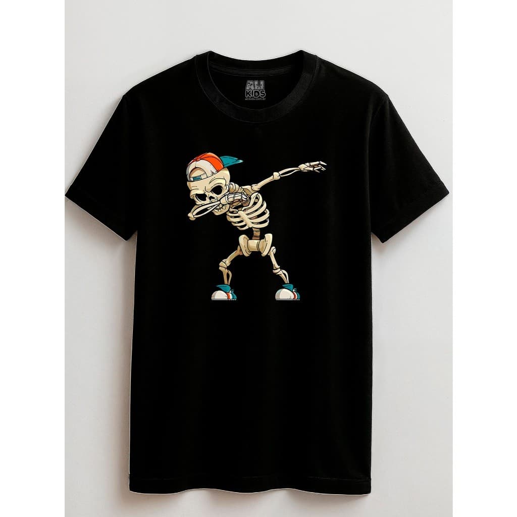 Camiseta Halloween Esqueleto Dab Juvenil e Infantil 2 ao 16 anos Menina Menino