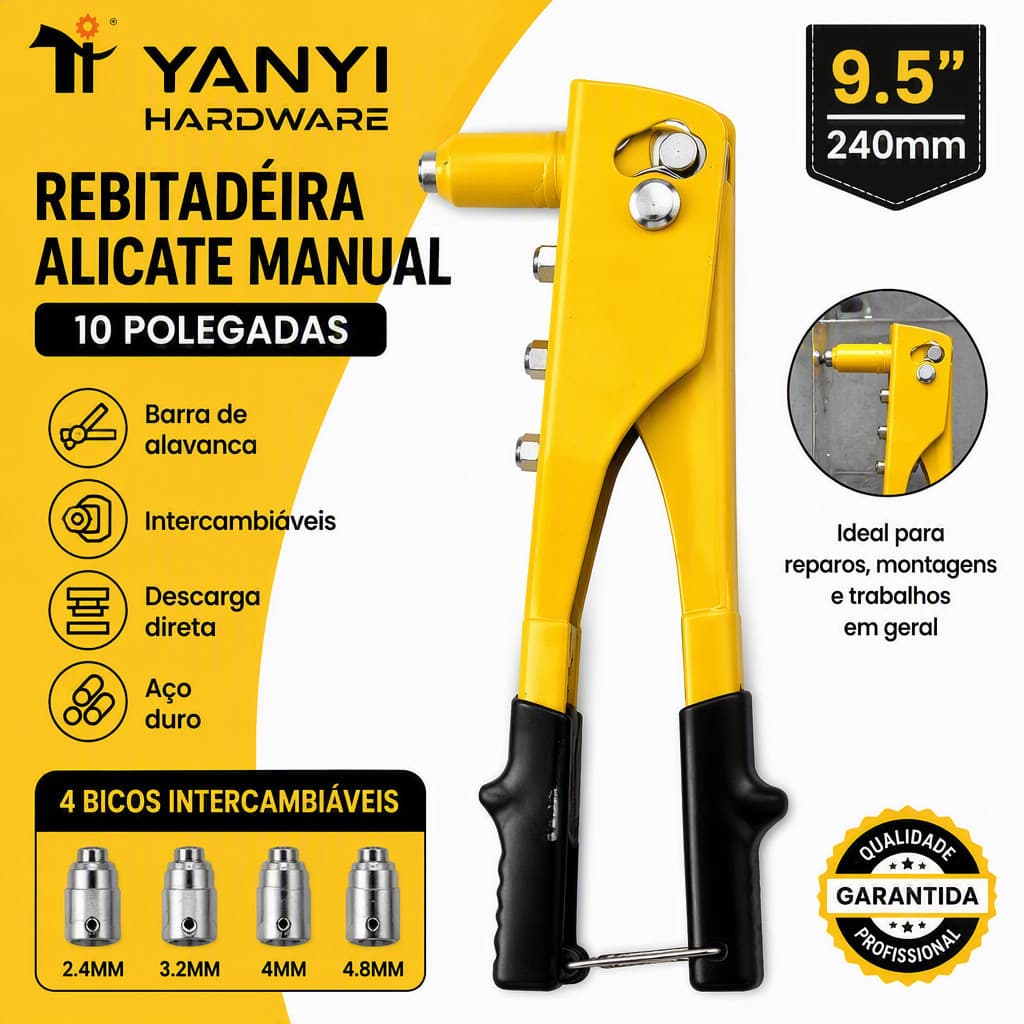 Rebitadeira Alicate Manual 9.5 Polegadas Alicate de Rebite para 4 Tamanhos 2.4/3.2/4/4.8mm Ferramenta Reparo Metal