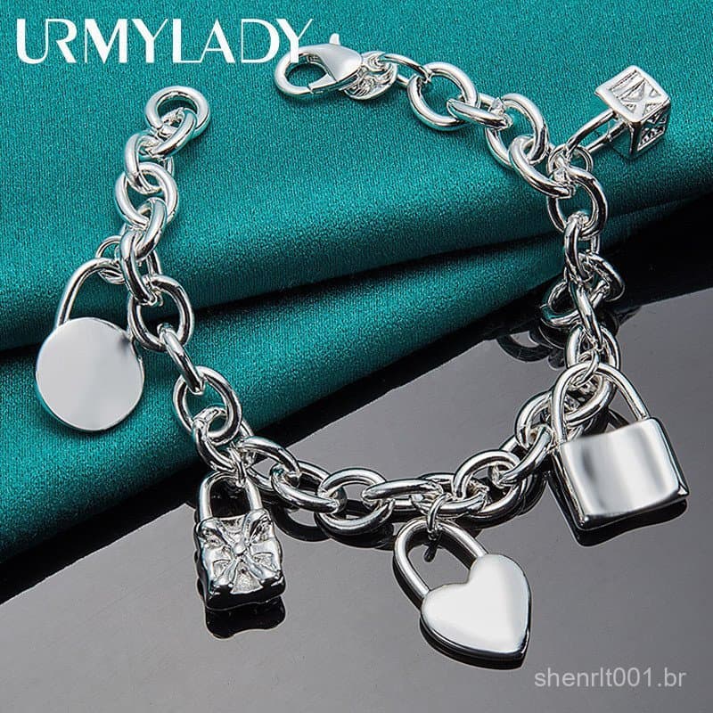 URMYLADY 925 Prata Esterlina Bloqueio Pingente Pulseiras Para Mulheres Homens Festa De Casamento Moda Jóias