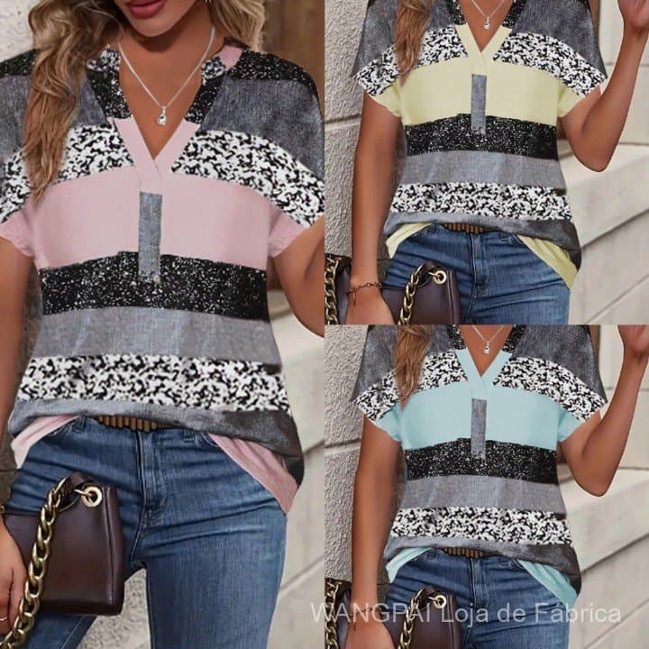 Camiseta Feminina de Manga Curta com Decote em V, Listras Brilhantes e Estampa 3D