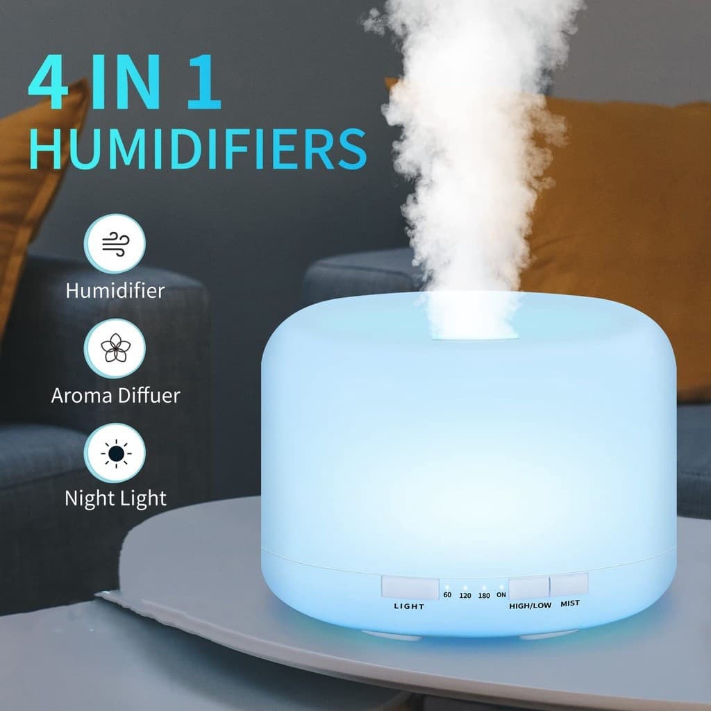 Purificador de Ar LED com Controle Remoto 500ML, Umidificador, Difusor de Óleos Essenciais, Lâmpada de Aromaterapia Colo