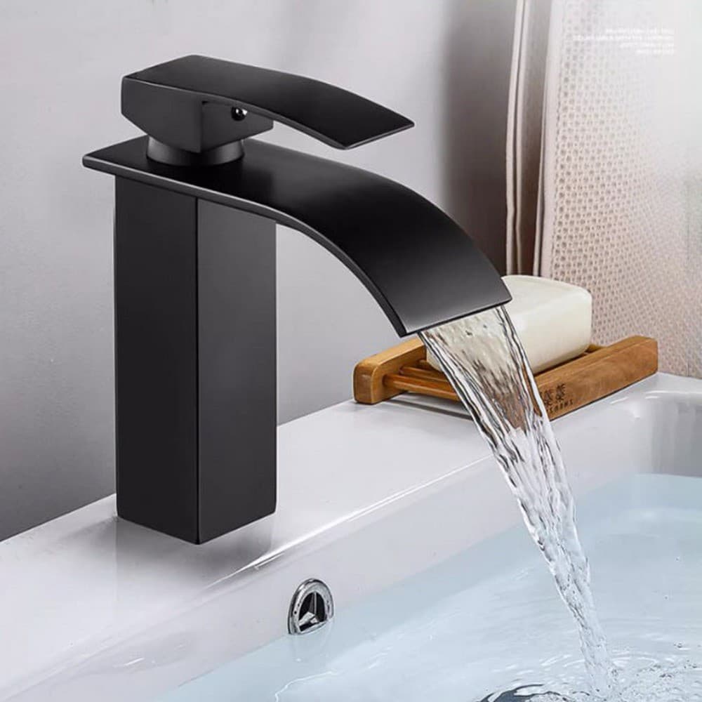 Preto Quadrado Banheiro Cachoeira Bico Bacia Torneira Da Pia Único Furo Torneiras Misturadoras znf700