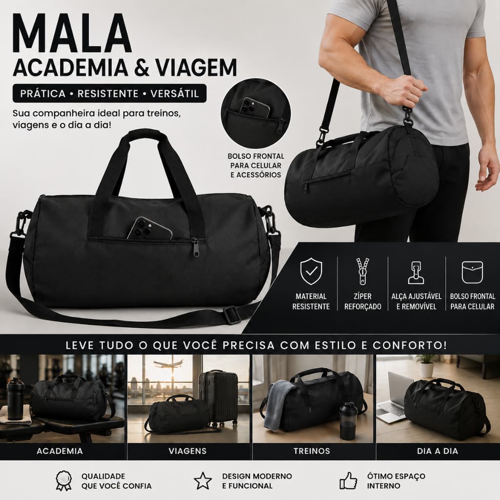 Bolsa Academia Mala Viagem Esportiva Fitness Nylon Resistente Alça Transversal Unissex