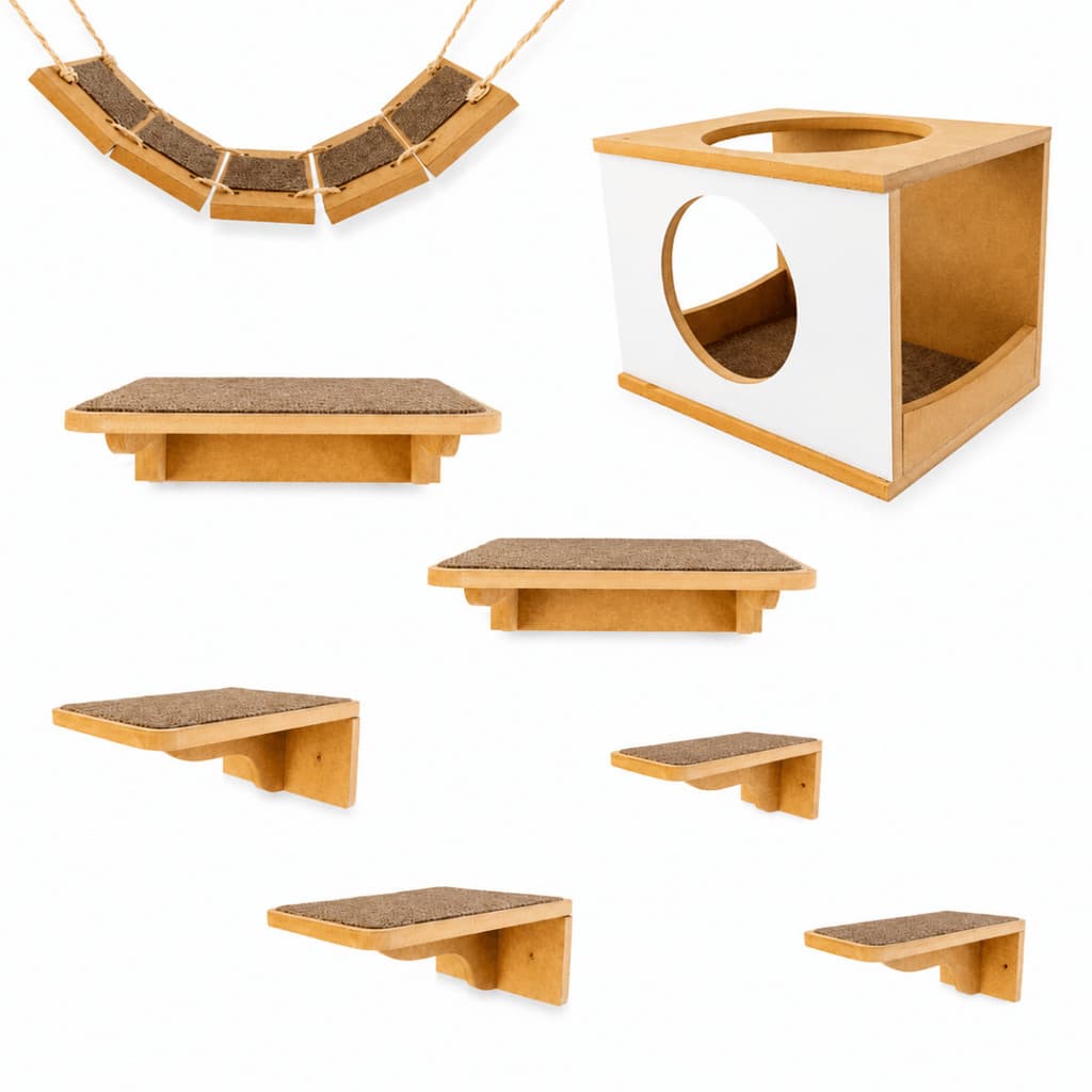 Playground para Gatos de Parede 8 Peças MDF Nicho Toca Ponte e Prateleiras Suspensas para Gato